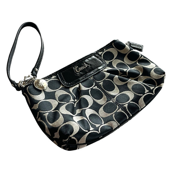 COACH Signature Black Leather Pleated Canvas Top Zip Wristlet Bag Logo Hang Tag - Picture 2 of 10